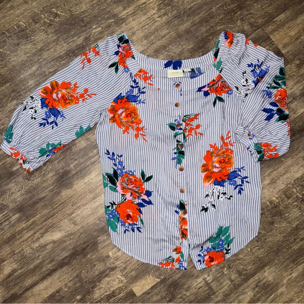 Anthropologie Maeve Blue Floral Striped Shirt - Picture 5 of 10